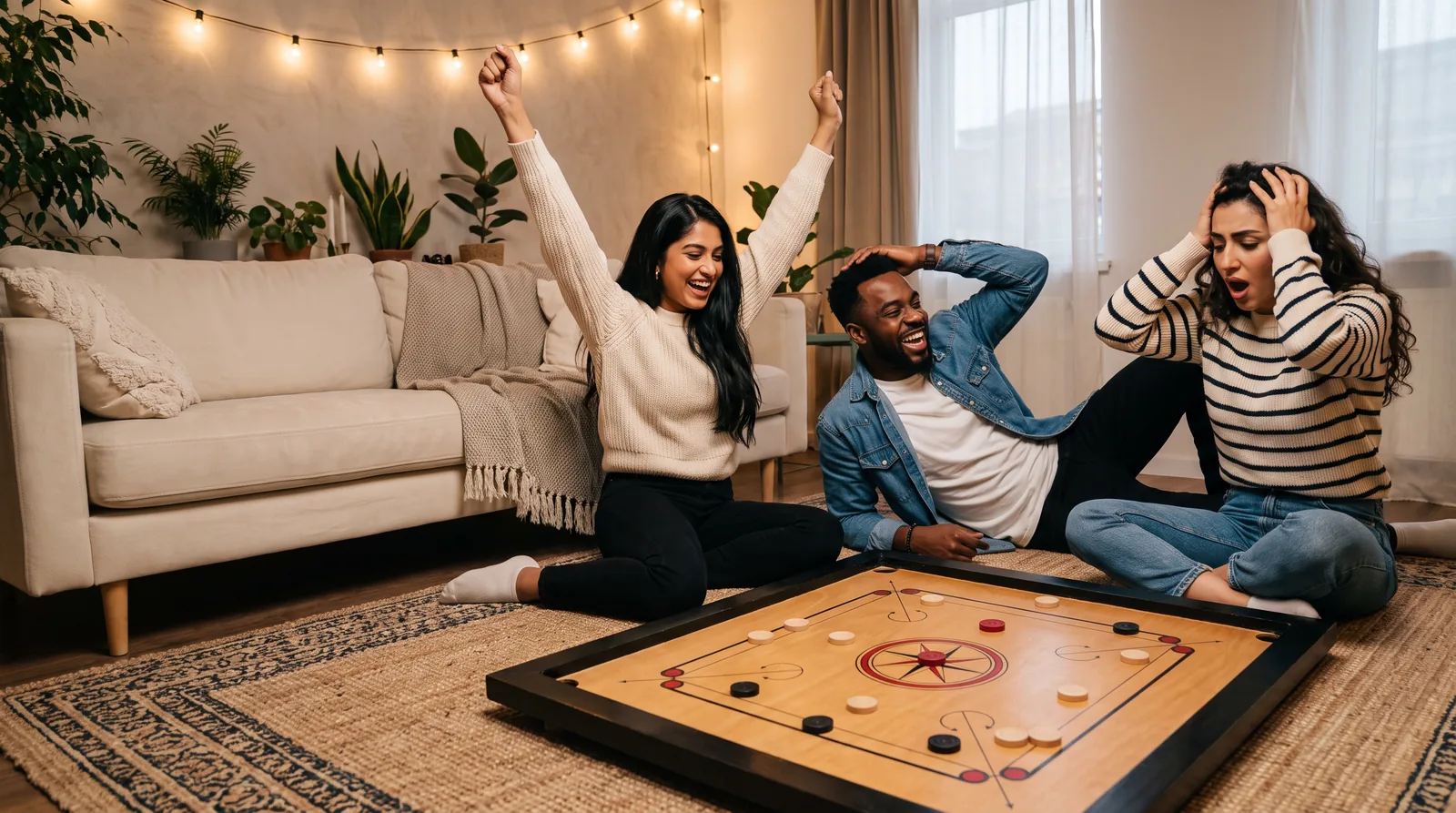Three friends around a board: one cheers with both arms up, one clutches her head, one laughs